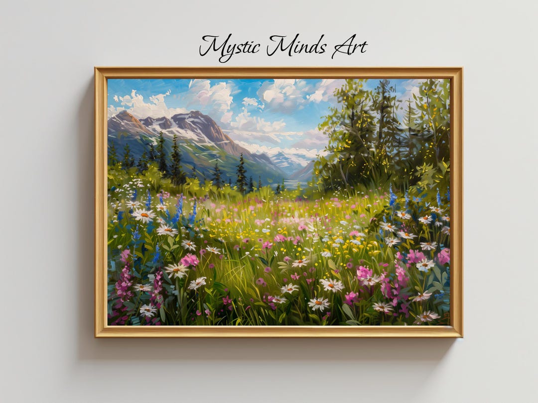 Alpine Wildflower Meadow Art - Mountain Landscape Painting - Nature ...