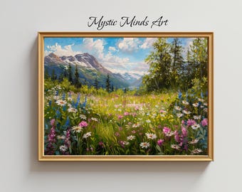 May include: A framed painting depicting a lush green meadow with a variety of wildflowers in shades of pink, white, and blue. The meadow is set against a backdrop of snow-capped mountains and a clear blue sky with fluffy white clouds. The painting is titled "Mystic Minds Art".