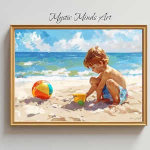 Boy Playing on Sunny Beach Painting w/ Beach Ball - Vibrant Summer Ocean Nursery Decor - Coastal Kid Room Wall Art - Canvas or Print! -246