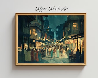 Vintage Kerala Street Scene - Indian Market Wall Art - Retro Cityscape Print - Hanging Canvas or Poster - Traditional India Decor -356