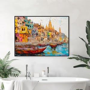 May include: A colorful painting of a cityscape with buildings and boats on a river. The buildings are painted in shades of yellow, orange, red, blue, and green. The boats are painted in shades of red, orange, and brown. The river is painted in shades of blue and green.