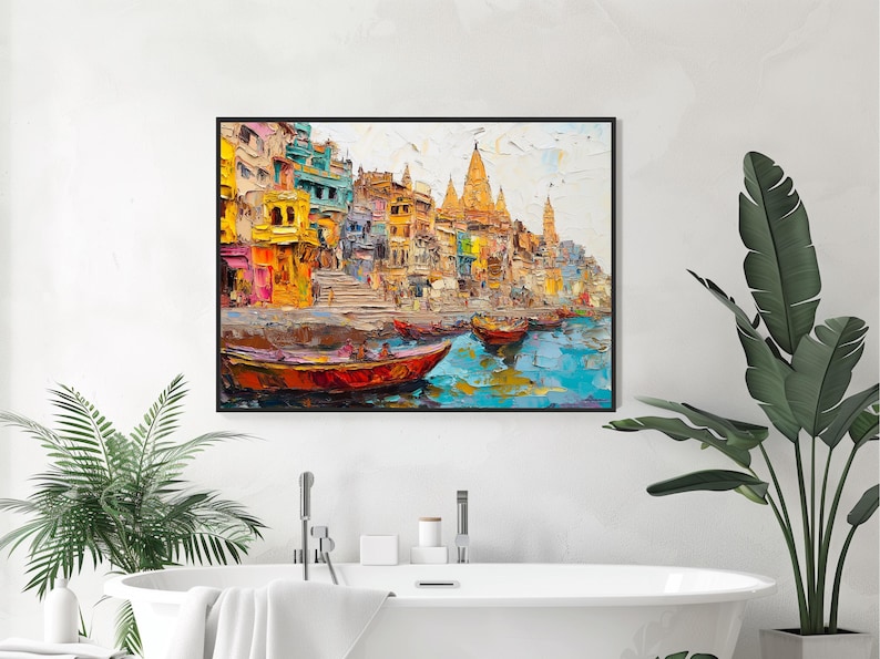 May include: A colorful painting of a cityscape with buildings and boats on a river. The buildings are painted in shades of yellow, orange, red, blue, and green. The boats are painted in shades of red, orange, and brown. The river is painted in shades of blue and green.