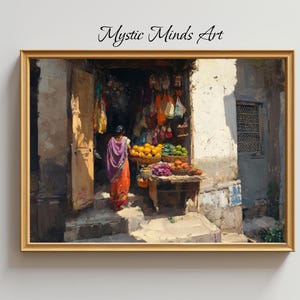 Indian Market Wall Art, Rustic Street Scene Print, Traditional Village Shop Decor, Hanging Canvas or Poster, Vibrant Cultural Artwork -350