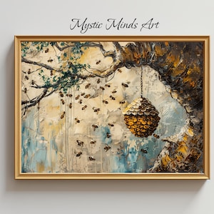 Arte murale a forma di alveare dorato - Favo naturale, decorazione per gli amanti delle api, dipinto rustico di api, arte della fauna selvatica della fattoria, poster di api ronzanti -172