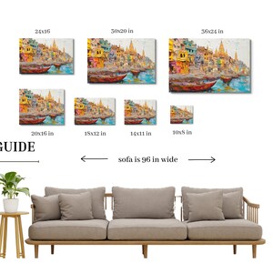 May include: Size guide for art prints featuring a colorful painting of a cityscape with buildings and boats. The guide shows different print sizes ranging from 10x8 inches to 36x24 inches. The text "sofa is 96 in wide" is included to help customers visualize the size of the prints.