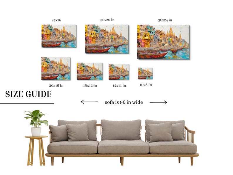 May include: Size guide for art prints featuring a colorful painting of a cityscape with buildings and boats. The guide shows different print sizes ranging from 10x8 inches to 36x24 inches. The text "sofa is 96 in wide" is included to help customers visualize the size of the prints.