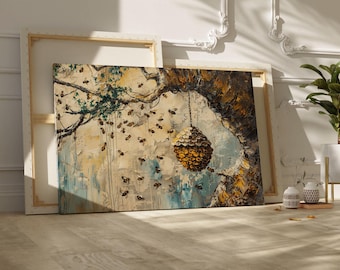 Golden Beehive Wall Art - Nature Honeycomb, Bee Lover Decor, Rustic Honeybee Painting, Farmhouse Wildlife Art, Buzzing Bees Poster -172