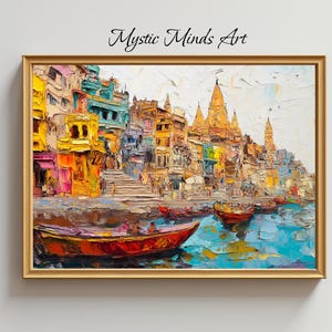 Varanasi Ganges River Painting - Colorful India Cityscape Art - Impasto Oil Painting - Canvas or Print - Textured Palette Knife Art -354
