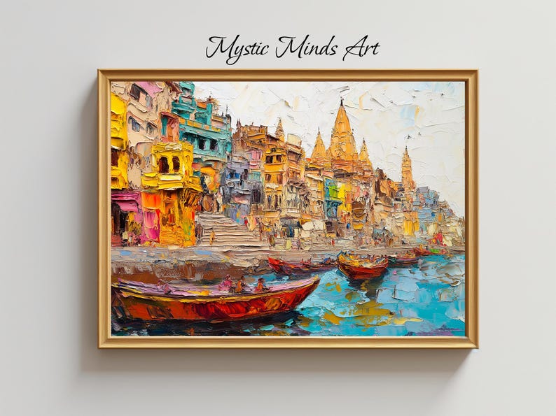 May include: A colorful painting of a cityscape with buildings and a river. The buildings are painted in shades of yellow, orange, red, and blue. The river is painted in shades of blue and green. There are boats on the river. The painting is framed in a gold frame.