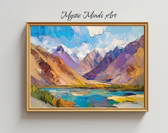 Kashmir Mountain Landscape Art - Abstract Impressionist Painting - Colorful River Valley Print - Canvas or Poster - Nature Wall Decor -355