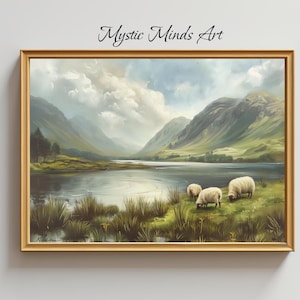 Scottish Highlands Sheep Landscape - Rustic Farmhouse Wall Art - Tranquil Nature Print - Countryside Canvas - Pastoral Lake Scene -94