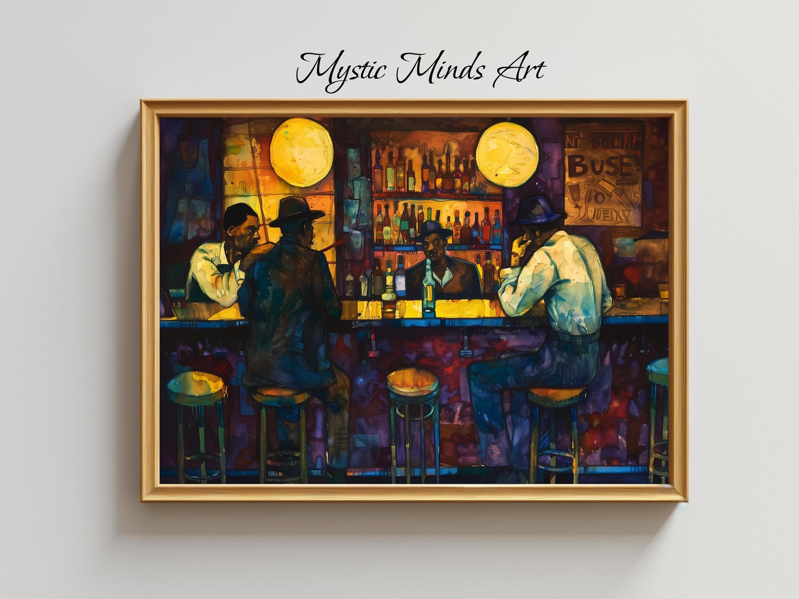 Vintage Jazz Club Wall Art - African American Musicians Print - Speakeasy Bar Scene - Noir Style Canvas or Poster - Retro Blues Decor -304