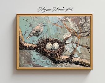 Bird Nest Painting with Eggs, Teal Nature Wall Art, Textured Bird Decor, Canvas or Fine Art Print, Gift for Bird Lovers & Nature Fans -249