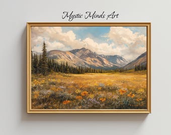 Wildflower Mountain Print - Rustic Landscape Wall Art, Country Home Decor. Rustic art. Hanging Canvas or Fine Art Print. -66