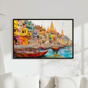 May include: A colorful painting of a cityscape with buildings and boats on a river. The buildings are painted in a variety of bright colors, including yellow, orange, red, green, and blue. The boats are painted in a more muted palette of brown and gray. The painting is done in a thick, impasto style, giving it a textured look.