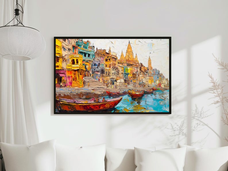 May include: A colorful painting of a cityscape with buildings and boats on a river. The buildings are painted in a variety of bright colors, including yellow, orange, red, green, and blue. The boats are painted in a more muted palette of brown and gray. The painting is done in a thick, impasto style, giving it a textured look.