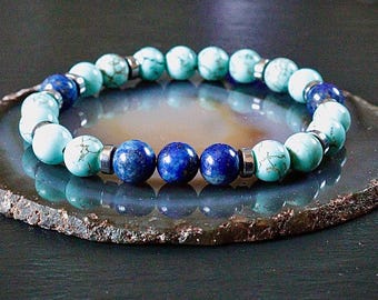 Unisex Lapis Lazuli & Türkis Perlen Armband | Naturstein Schmuck | Geschenk für Ihn | Yoga-Schmuck