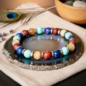 Unisex Turquoise Beaded Bracelet, Apple Jasper, Tiger's Eye, Lapis Lazuli | Yoga Jewelry | Happiness Bracelet