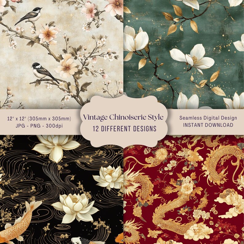 Vintage Chinoiserie Digital Paper Set, Elegant Floral Scrapbook Paper ...