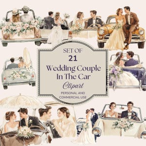 Hochzeitspaar im Auto Clipart, Vintage Hochzeitsauto PNG, Braut und Bräutigam Clipart, gerade geheiratet, Herbst Frühlingshochzeit Clipart