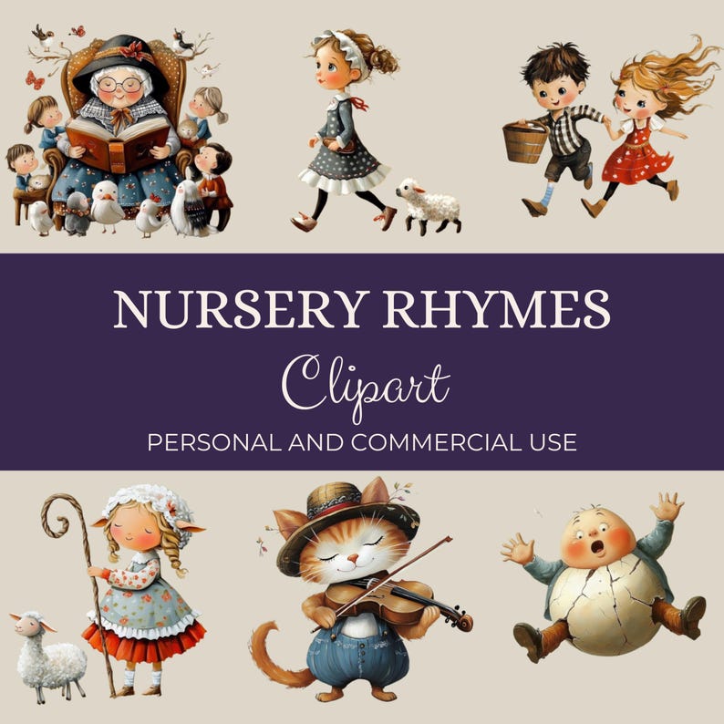 Nursery Rhyme Clipart, Watercolor Kids Art, Vintage Children ...