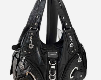 Handväska i vintagestil med justerbar axelrem - Axelrem - Hoboväska - Tygväska - Konstläder - Gessaci Amelie Svart