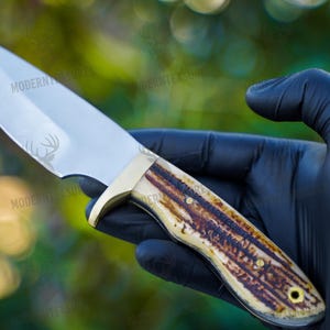 Handmade D2 Steel Hunting Knife: Stag Horn Handle, Leather Sheath