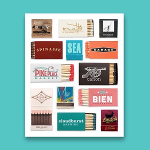 Collage de cajas de cerillas de Seattle: descarga digital de inspiración vintage / impresión artística retro de Seattle (relación de aspecto 4:5)