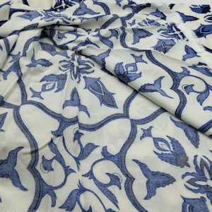 Blue Tile Pattern Cotton Viscose Fabric by the Yard – Soft Lightweight Material for Dresses, Kimonos, Blouses | 59x39 in (150x100 cm)