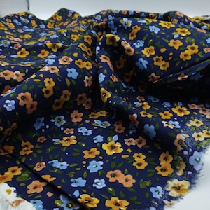 Navy Floral Cotton Viscose Fabric – Lightweight Soft Material for Dresses, Blouses, Skirts & Summer Sewing | 150 cm Width