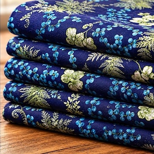 Tissu Coton Viscose Bleu Marine au Mètre, Motif Botanique Orchidée et Fougère, Textile Fluide pour Robe Largeur 150cm, Style Élégant