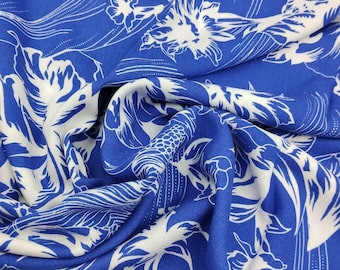 Blue Floral Bird Print Fabric by the Yard, Lightweight Summer Dress Fabric, (150 cm / 59") Wide, Premium Bursa Quality