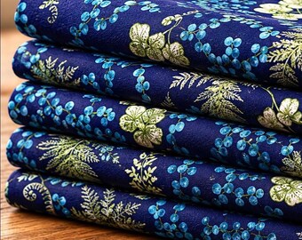 Navy Botanical Orchid Viscose Cotton Fabric by the Yard, Fern Dressmaking Fabric, (150 cm / 59") Wide