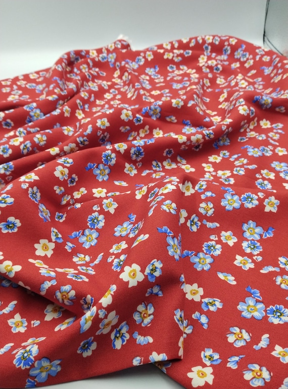 Cotton Viscose Fabric – Red Floral Dress Fabric by Yard, 59” Wide