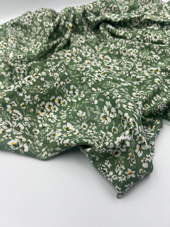 Green Floral Cotton Viscose Fabric: Drapey Soft Material for Sewing (150x100 cm)