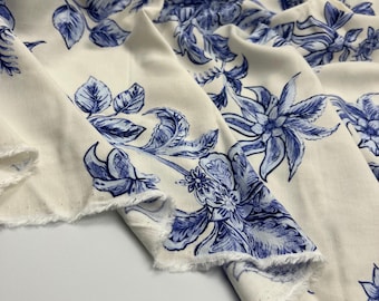 Blue floral viscose linen fabric – drapey breathable material by yard (150 cm / 59")