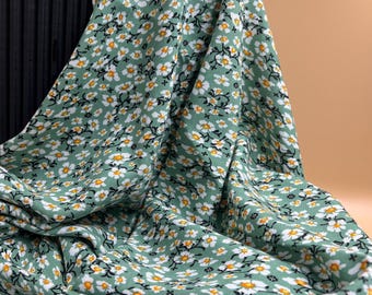 Green Floral Cotton Viscose Fabric by the Yard, Soft Drapey Breathable Dress Fabric, (150 cm / 59") Wide
