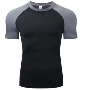 May include: A black and gray short-sleeved shirt with a raglan design. The shirt has a black body and gray sleeves.