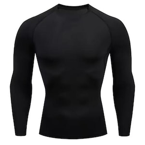 May include: Black long-sleeve shirt with a crew neck and a fitted design.