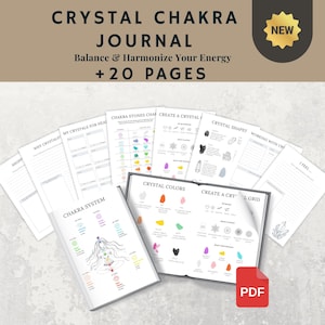 Könnte beinhalten: Ein Kristall-Chakra-Journal mit dem Text "Balance & Harmonize Your Energy +20 PAGES". Das Journal enthält Seiten zu Kristallfarben, Formen und Chakra-Steinen. Ein "NEW"-Aufkleber befindet sich in der oberen rechten Ecke. Ein PDF-Symbol befindet sich in der unteren rechten Ecke.