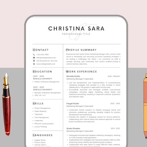 May include: A resume for Christina Sara, a Marketing Manager with experience in developing and executing successful marketing strategies. The resume highlights her skills in strategic planning, team leadership, and creative problem-solving. It also includes her work experience at Borcelle Studio, Fauget Studio, and Studio Shodwe.