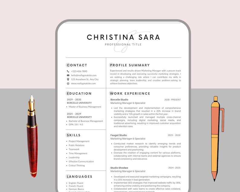 May include: A resume for Christina Sara, a Marketing Manager with experience in developing and executing successful marketing strategies. The resume highlights her skills in strategic planning, team leadership, and creative problem-solving. It also includes her work experience at Borcelle Studio, Fauget Studio, and Studio Shodwe.
