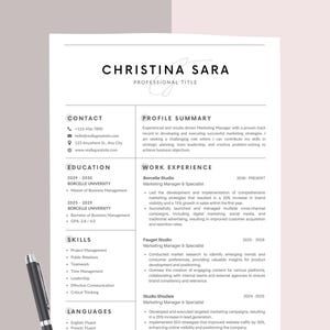 May include: A black and white CV with the name Christina Sara at the top. The CV includes contact information, education, work experience, skills, and languages.