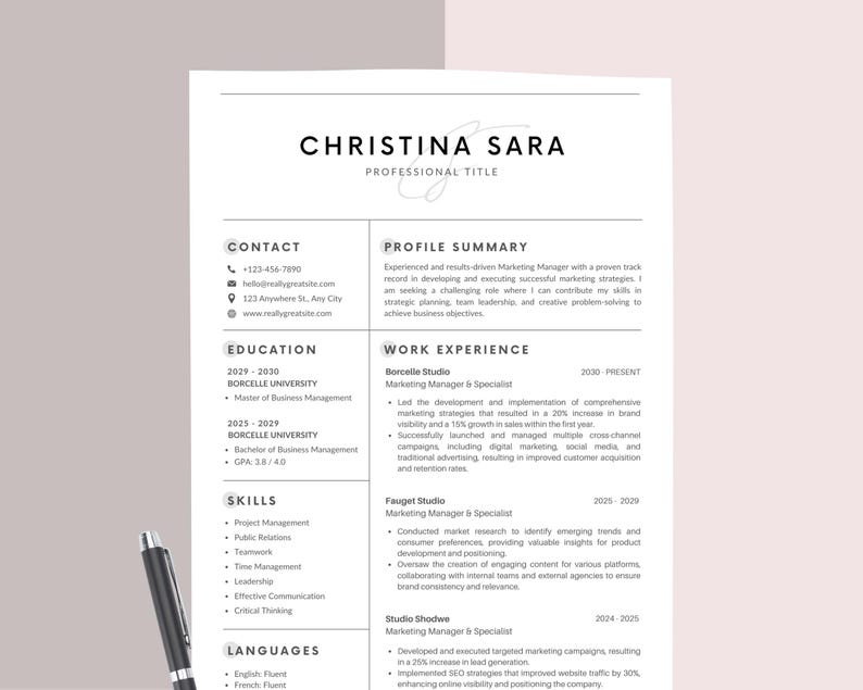 May include: A black and white resume with the name Christina Sara at the top. The resume includes contact information, education, work experience, skills, and languages.