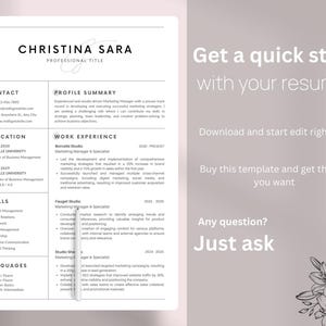 May include: A black and white resume template with the name Christina Sara at the top. The resume includes contact information, education, skills, languages, and work experience. The text "Get a quick start with your resume" is at the top right of the page. The text "Download and start edit right away" is below the text "Get a quick start with your resume". The text "Buy this template and get the job you want" is below the text "Download and start edit right away". The text "Any question? Just ask" is at the bottom right of the page.
