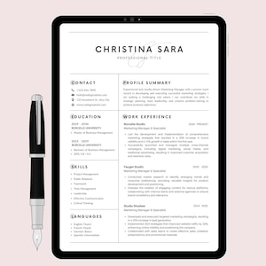 May include: A black and white resume with the name Christina Sara at the top. The resume includes contact information, education, work experience, skills, and languages.