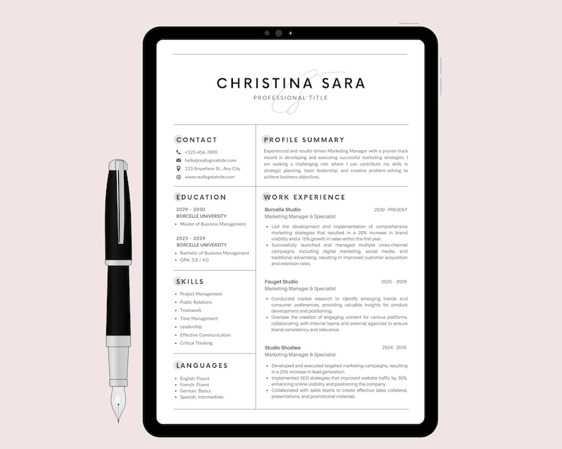 May include: A black and white resume with the name Christina Sara at the top. The resume includes contact information, education, work experience, skills, and languages.