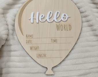 Custom Baby Stats Sign Wooden Balloon Hello World Decor