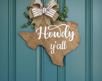 Texas Shaped Door Sign | Rustic Wood "Howdy Y'all" Welcome Home Decor