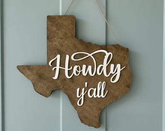 Farmhouse Texas Sign Howdy Y’all Door Hanger Rustic Wooden Home Decor